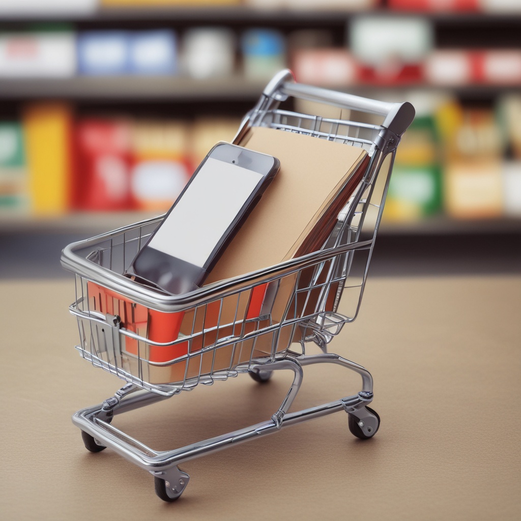Shopping cart with products next to a mobile phone